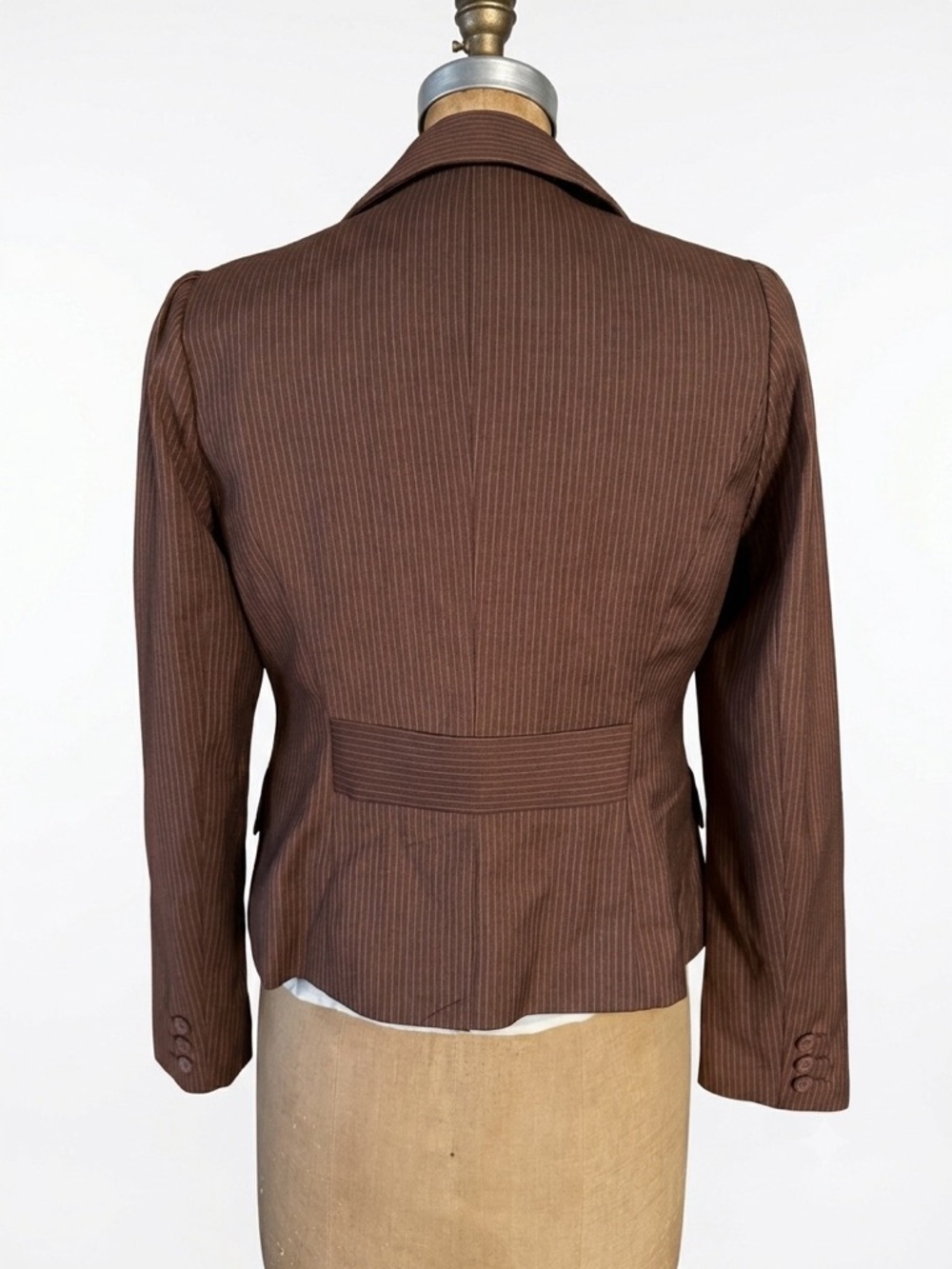Vintage Y2K Apostrophe Brown Fitted Cropped Blazer Academia Pinstripe Sz 4P - Picture 3 of 8